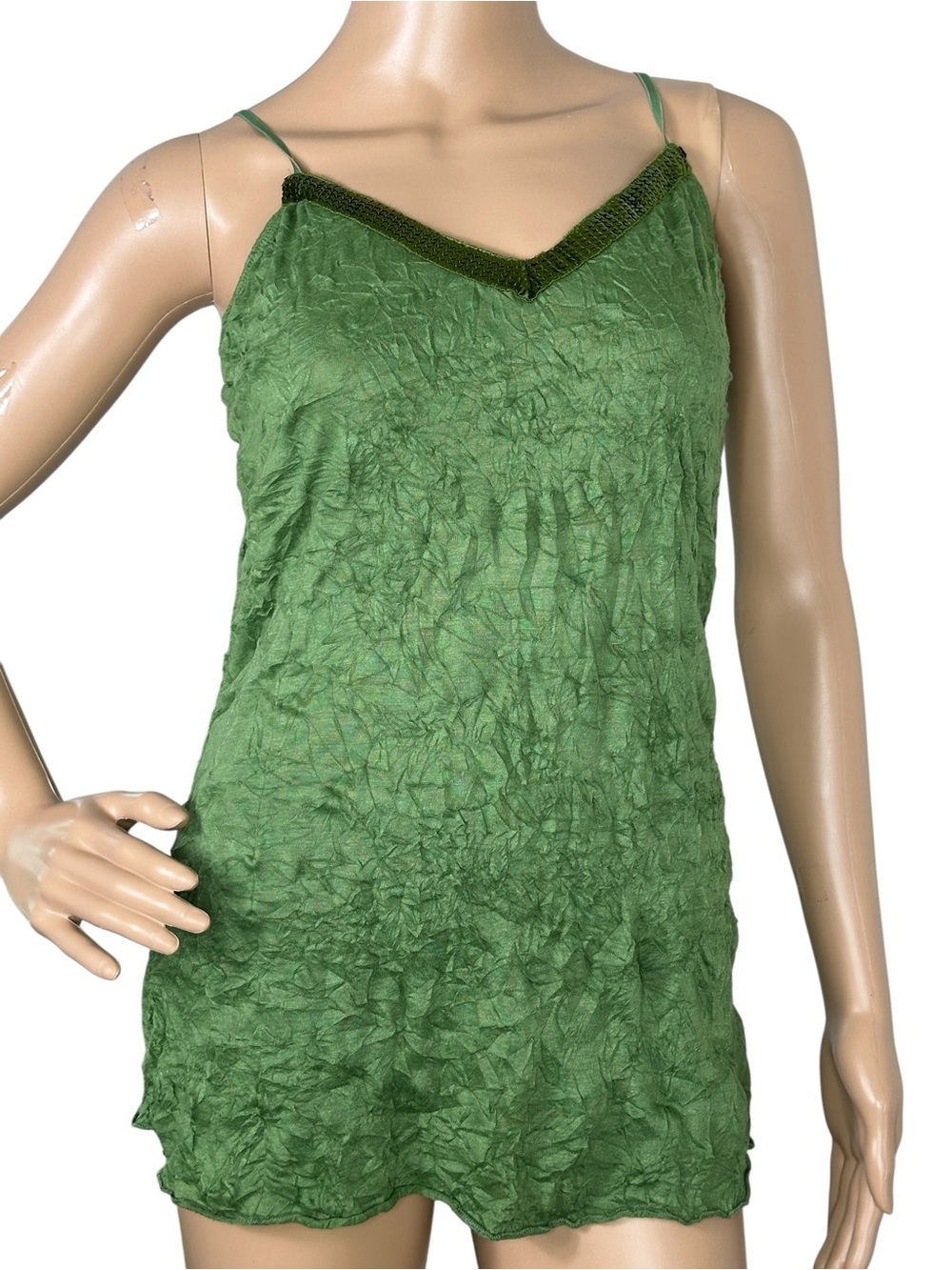 Weavers Girl Y2K Green Crinkled Tank with Sequin Trim large